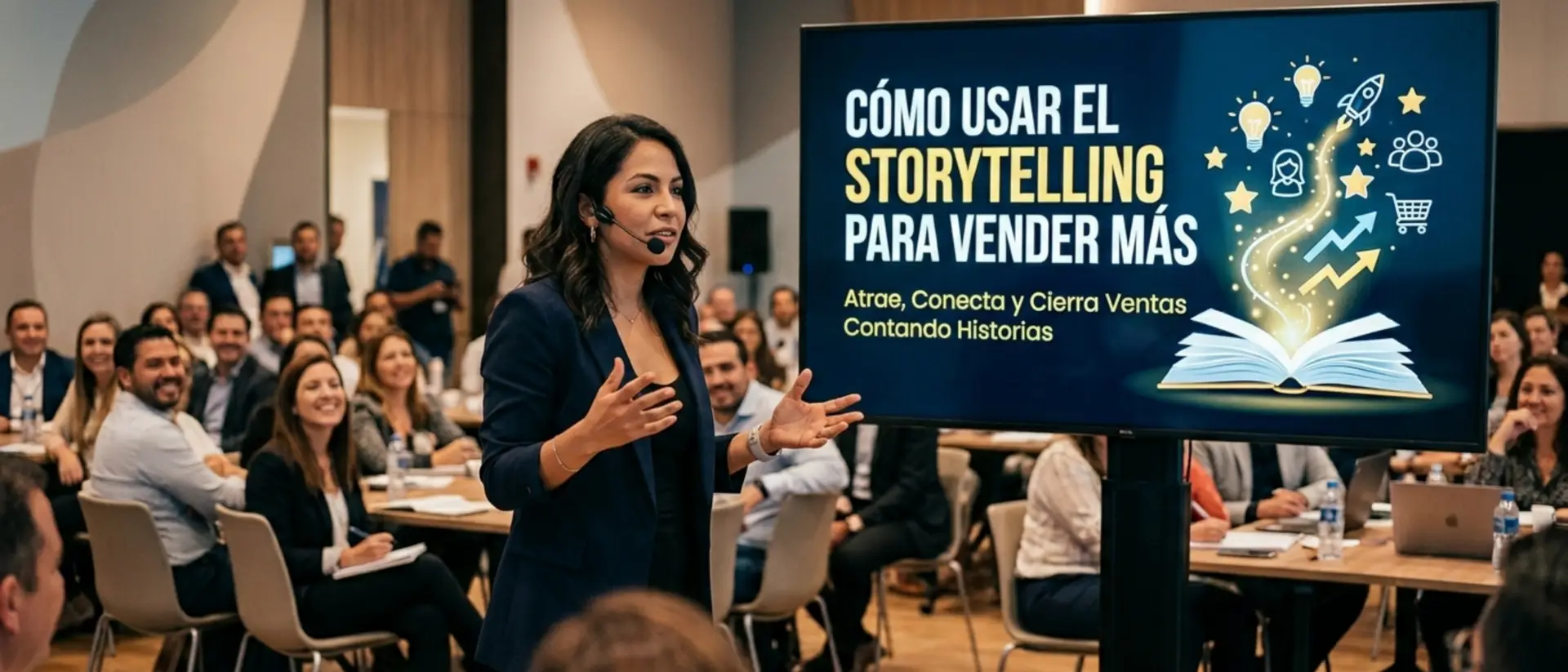 Mujer profesional experta en comunicación y venta consultiva impartiendo una formación para profesionales. En pantalla, diapositiva sobre 'Cómo usar el Storytelling para vender más' y aumentar el ROI.