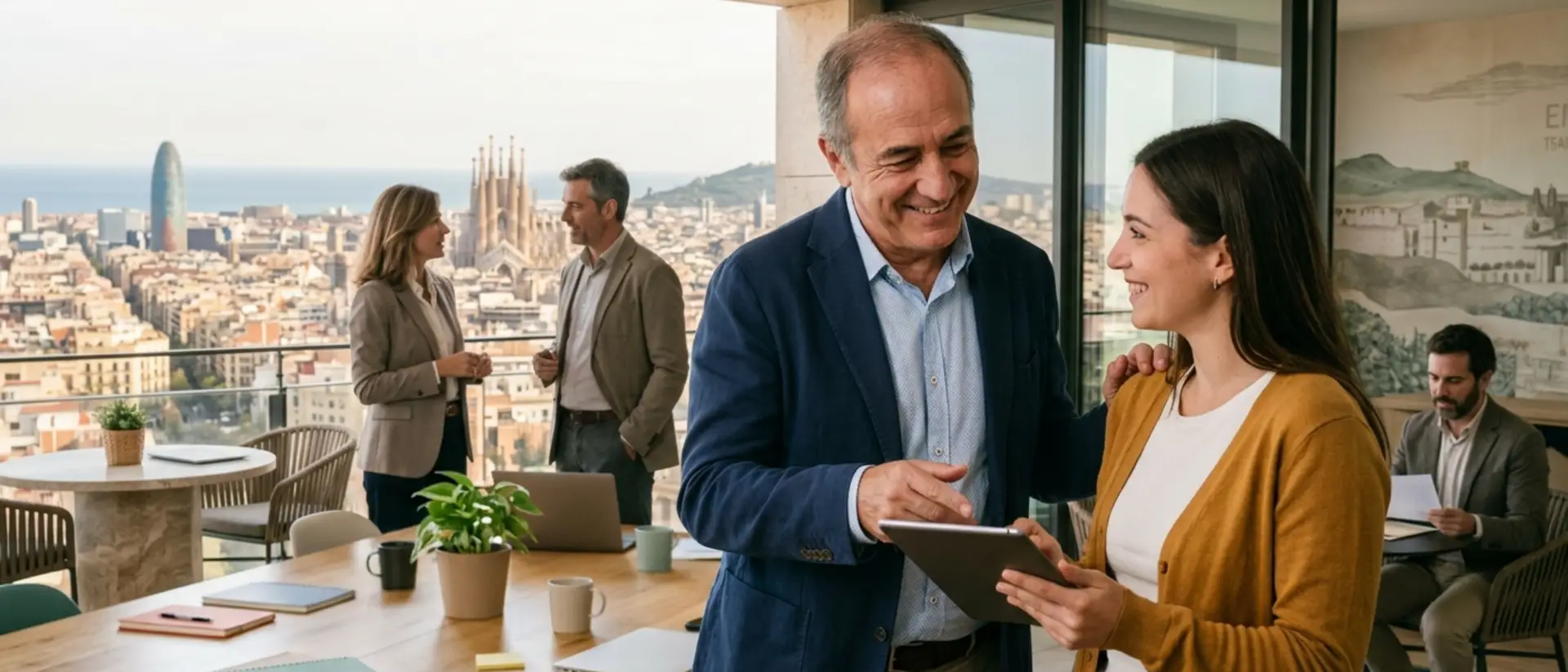 Liderazgo empático en el trabajo con equipo colaborando en oficina moderna con vista urbana