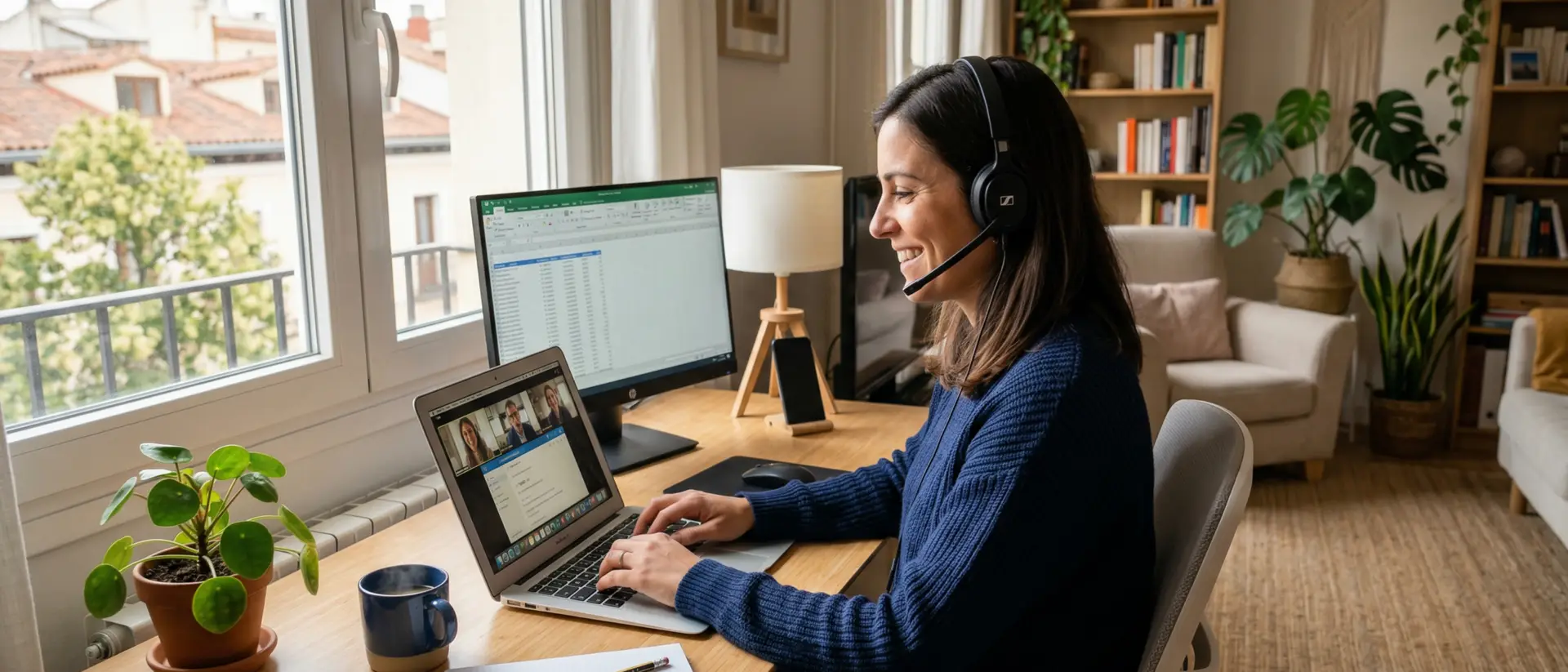Vendedora trabajando desde casa con ordenador portátil en escritorio organizado