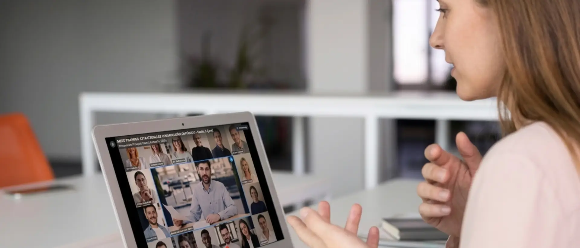 Mujer en una oficina luminosa, gesticulando mientras mira la pantalla de su portátil que muestra una videoconferencia con participantes
