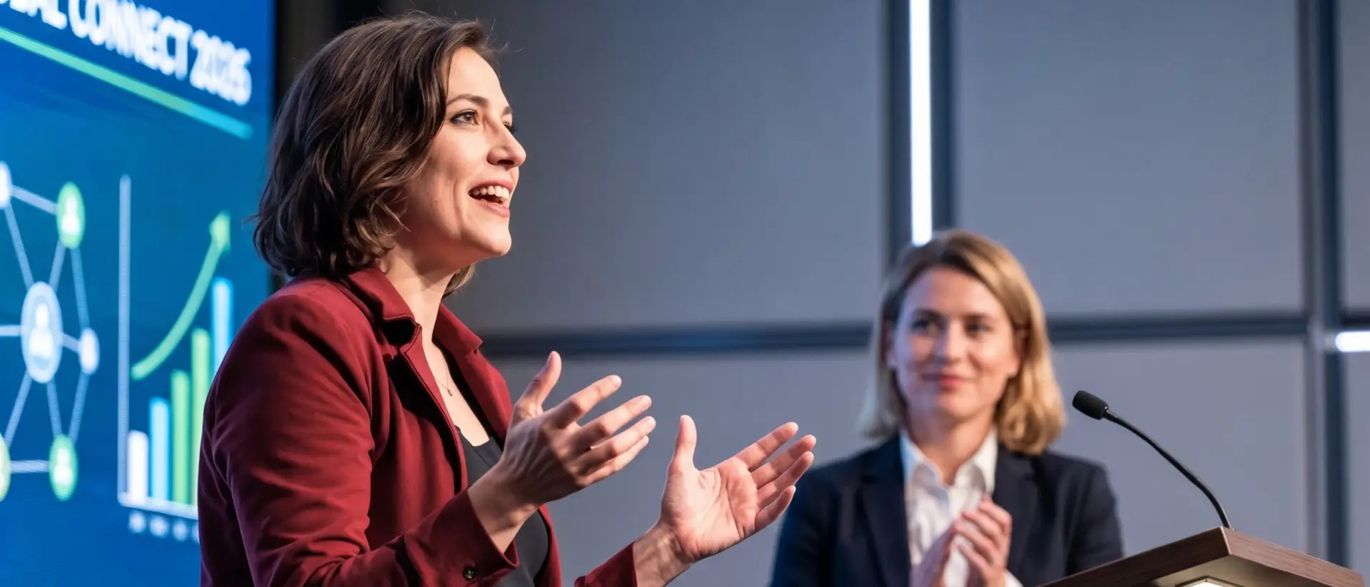 Mujer líder realizando una ponencia inspiradora en un escenario, con una colega aplaudiendo al fondo, representando el liderazgo femenino y la comunicación efectiva.