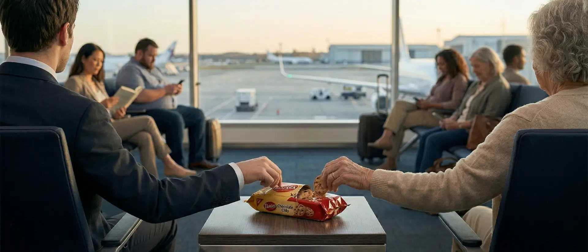 Dos personas de espaldas compartiendo galletas en una sala de espera de aeropuerto. Metáfora de inteligencia emocional de MRC.